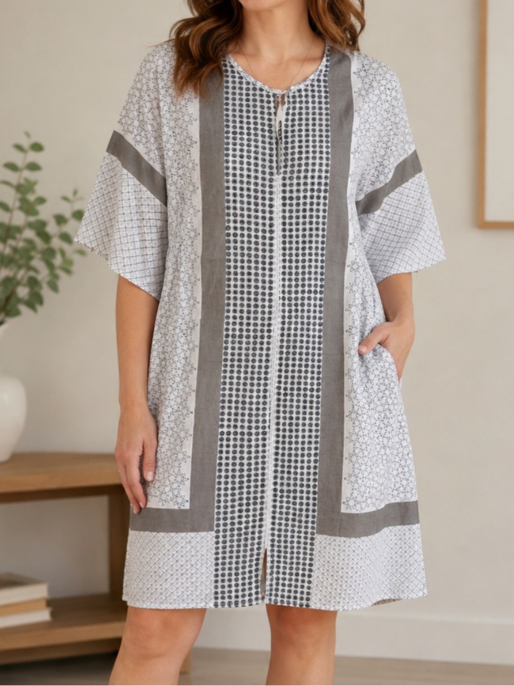 Dolma Cotton White & Gray Patterned Lightweight Tunic Dress NEW